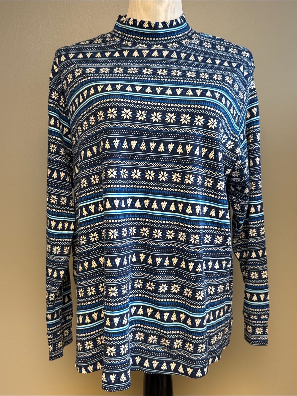Lands End Shirt Women’s 2X Blue Fair Isle Print Cotton Long Sleeve